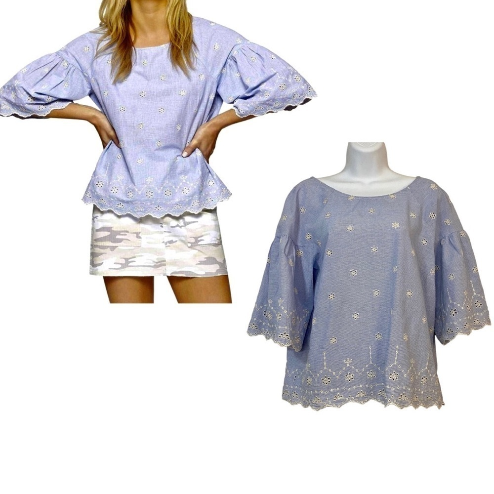 Sanctuary Blue Stripes Cotton Blouse Medium Embroidered Eyelet Pullover Oversize
